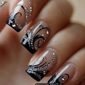 Black and Silver Glitter Swirl Nail Art